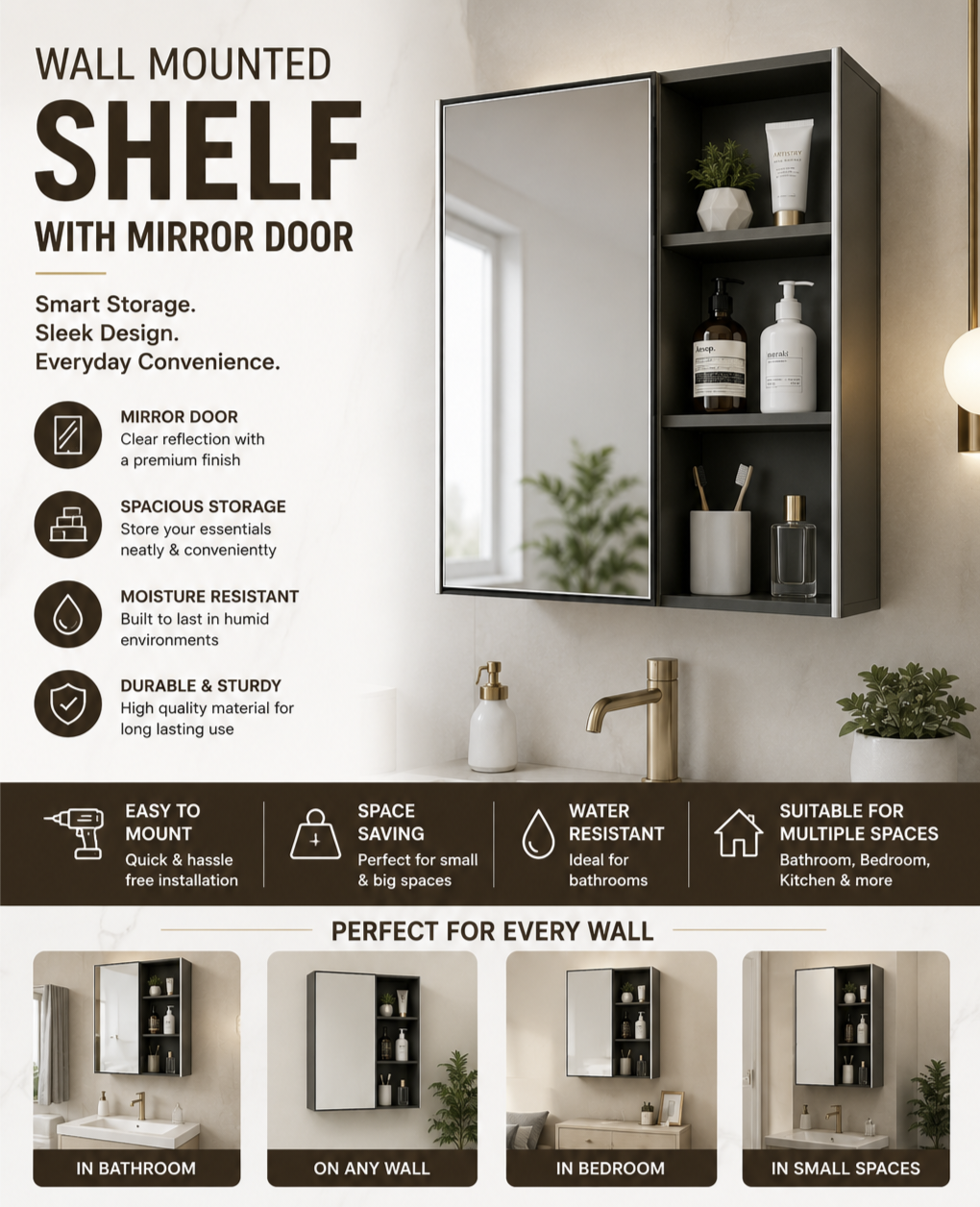 Wall Mounted Shelf with Mirror Door – Smart Storage Solution