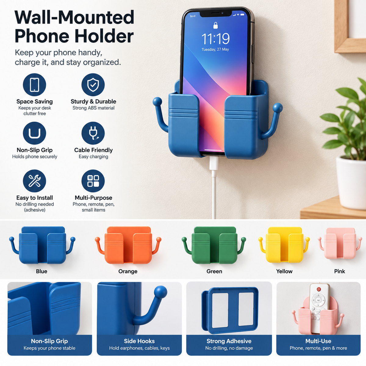 Wall-Mounted Phone Holder with Side Hooks – Space-Saving Mobile Stand