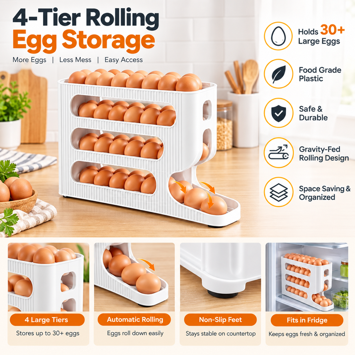 4-Tier Rolling Egg Storage Organizer – Gravity-Fed Egg Dispenser