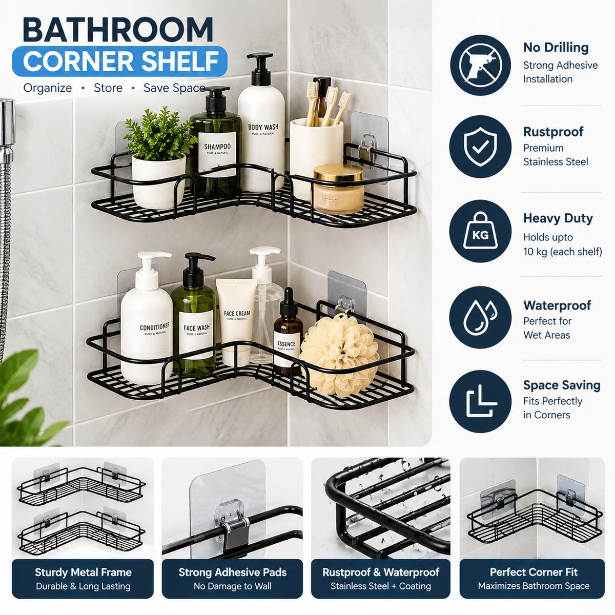 2-Tier Bathroom Corner Shelf – No-Drill Adhesive Shower Caddy